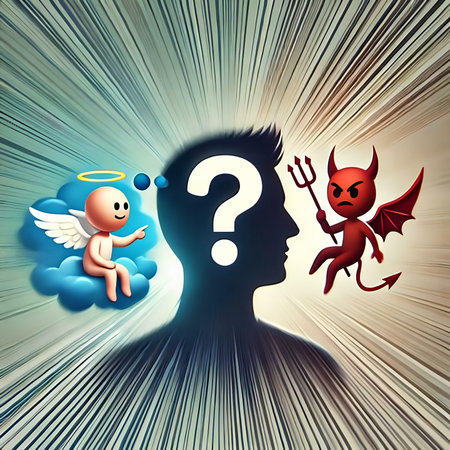 Angel and devil with question mark in the head. Vector illustration.の素材