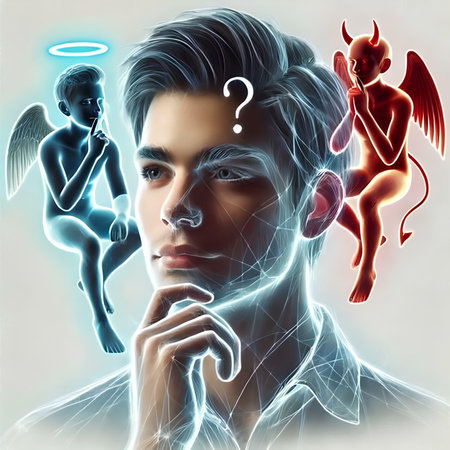 3D illustration of a male figure with angels and halo around his headの素材