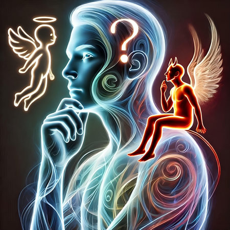 Digital illustration of a female figure with angel wings and question mark in the backgroundの素材