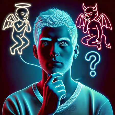 Digital illustration of a young man with a sad face in neon lightの素材