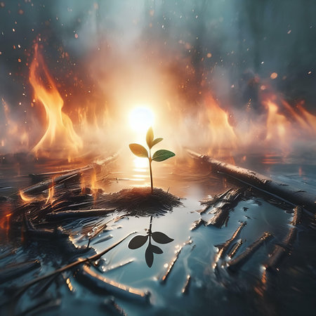 Plant in the middle of the fire. The concept of environmental disaster.の素材