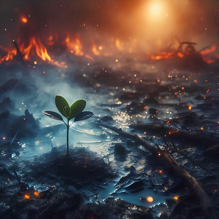 Sprout growing in a puddle with smoke and fire. 3d renderingの素材