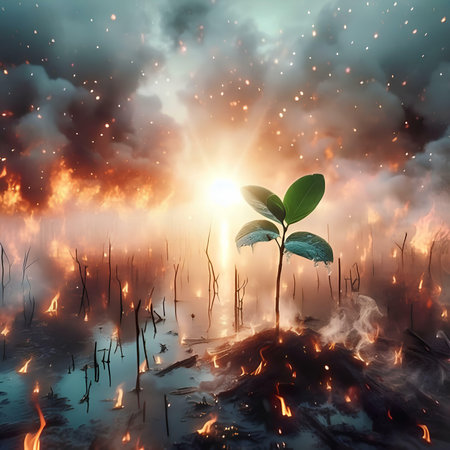 Seedlings in the water and fire in the background, 3d renderの素材