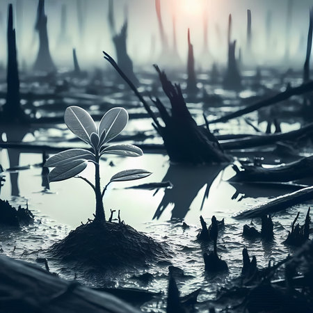Green sprout growing from the ground in the swamp. Conceptual image.の素材