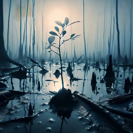 Fantasy landscape with a sprout in the water. 3d renderingの素材