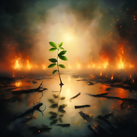 Burning forest with trees in the middle of the lake, 3d illustrationの素材