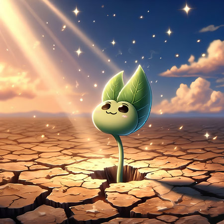 Conceptual illustration of a green sprout growing from cracked earthの素材