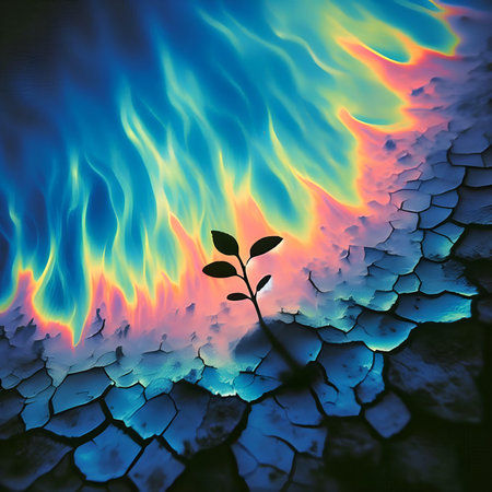 Illustration of a burning tree in a crack in the ground.の素材