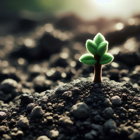 Plant seedling growing from seed on black soil. Earth day conceptの素材
