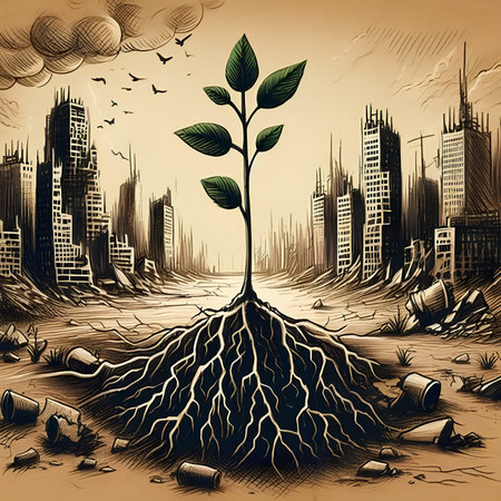 Green sprout with roots on the background of a destroyed city. vector illustrationの素材
