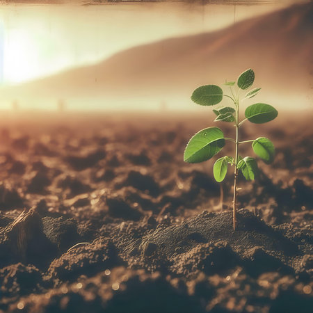 Green seedling growing from seed in morning light. Earth day conceptの素材