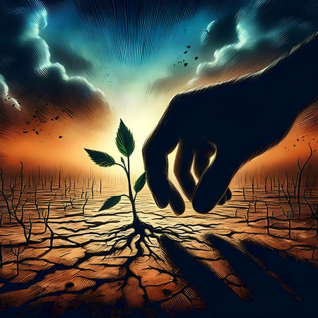 Conceptual image of a man holding a seedling in his hand.の素材
