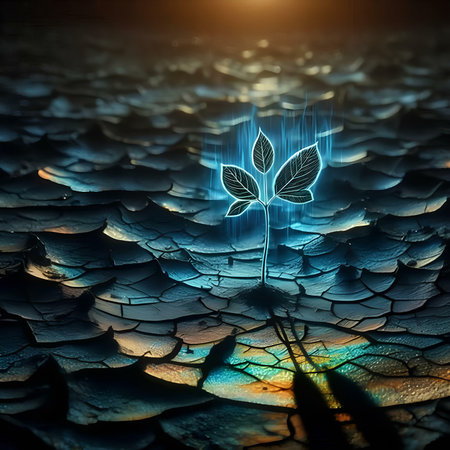 Conceptual image with plant growing on cracked ground. 3d renderingの素材