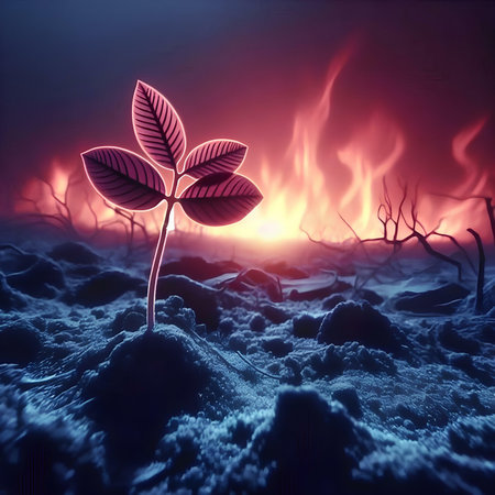 Plant in the fire. 3d illustration. Global warming conceptの素材