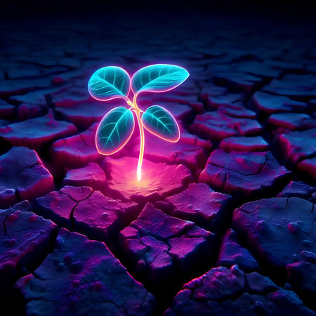 Plant growing on cracked ground. Ecology concept. 3D renderingの素材