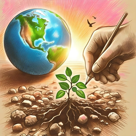 Hand drawing a tree with a pencil in front of the planet earthの素材