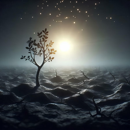 Fantasy landscape with a lonely tree in the desert. 3d renderingの素材