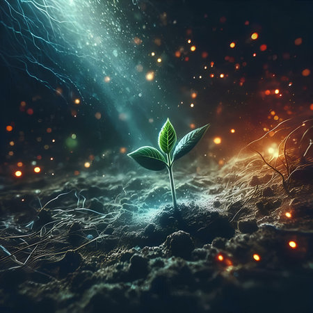 Green sprout in the ground with glowing lights. 3D renderingの素材