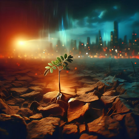 Green sprout growing from crack ground with city lights in the backgroundの素材