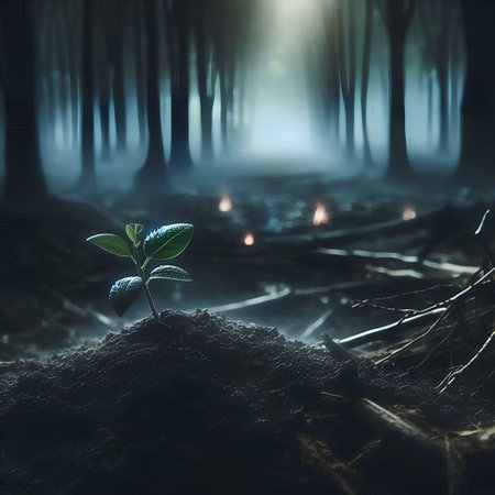Green sprout growing from the ground in a dark forest at nightの素材