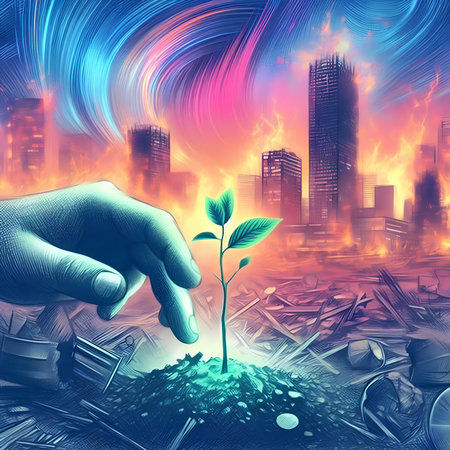 Ecology concept. The hand of a man holds a sprout against the background of the city.の素材