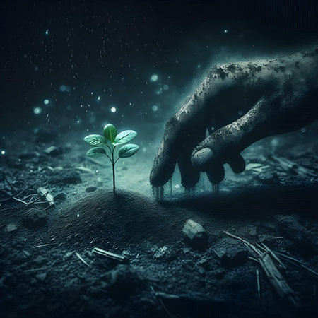 Conceptual image with human hand holding green sprout growing out of soilの素材