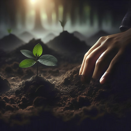 Close up of human hand planting small green plant in soil with sunlightの素材