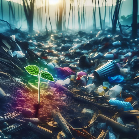 Plant in the garbage. Conceptual image of environmental pollution.の素材