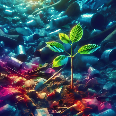 Plant growing out of rubbish. Ecology concept. 3D illustrationの素材