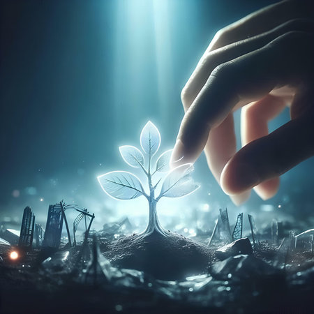 Close up of human hand touching sprout. Ecology concept. 3D Renderingの素材