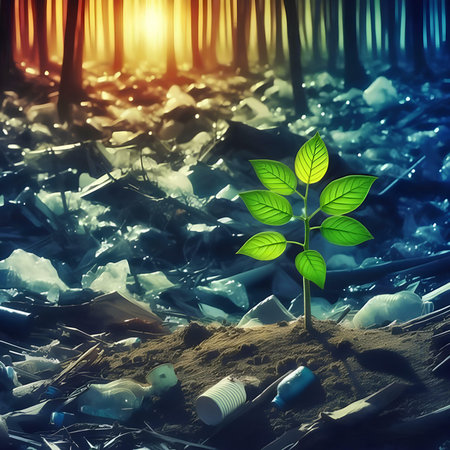 Plant in the garbage. Ecology concept. 3D Renderingの素材