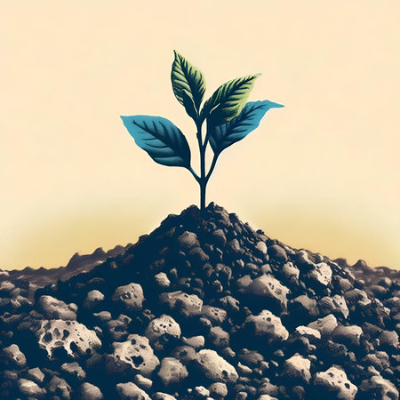 Green sprout growing from pile of soil. Ecology and environment conceptの素材