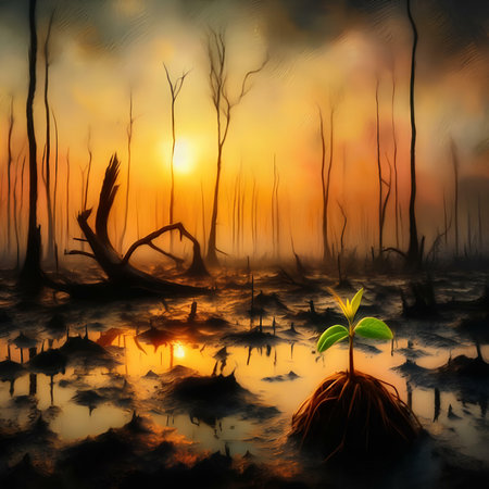 Trees in the swamp at sunset, 3d render, digital illustrationの素材