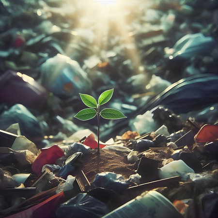 Green sprout growing on a garbage dump. Environment protection concept.の素材