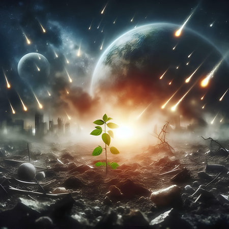 Fantasy landscape with green sprout and planet. 3D renderingの素材