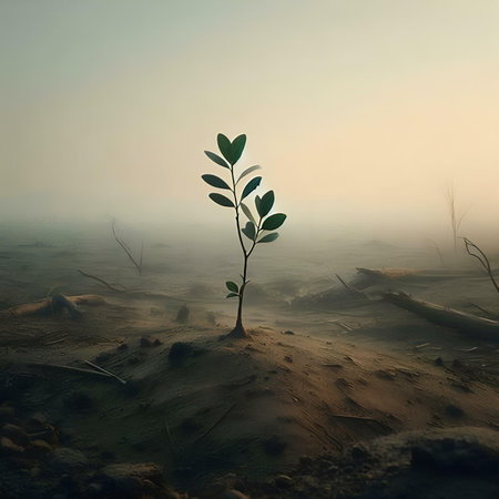 A small tree growing in the sand. The concept of environmental conservation.の素材