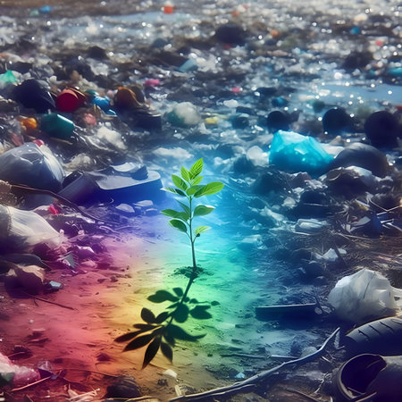 Plant growing out of garbage on the beach. Environment concept.の素材