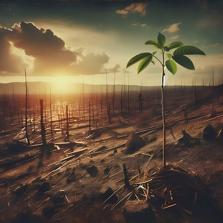 3D render of a young plant growing in the desert at sunsetの素材