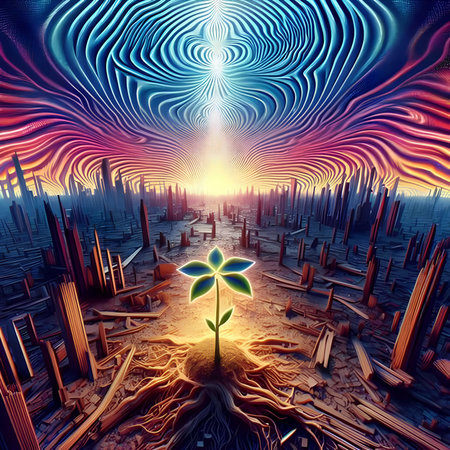 3D illustration of a fantasy alien planet with a tree in the center.の素材