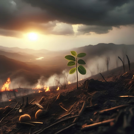 Plant in the forest with fire and smoke in the background.の素材