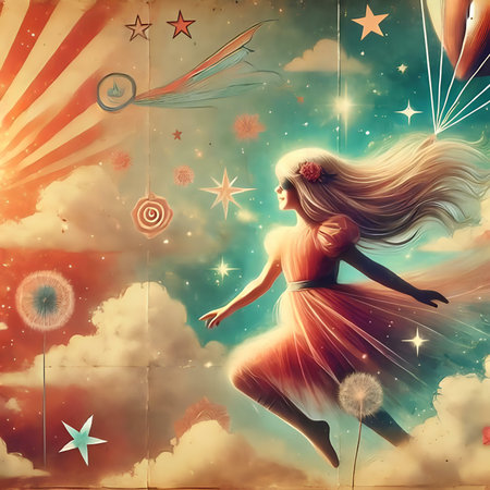Beautiful girl flying in the sky with stars and clouds. fantasy illustrationの素材