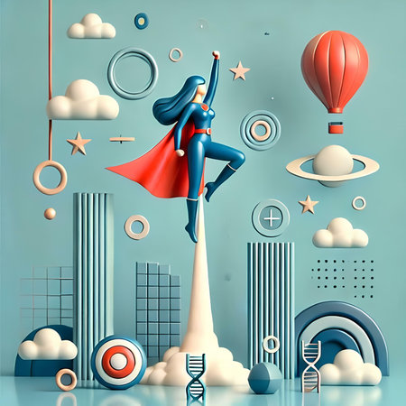 3d illustration of a superhero flying on a rocket over the cityの素材