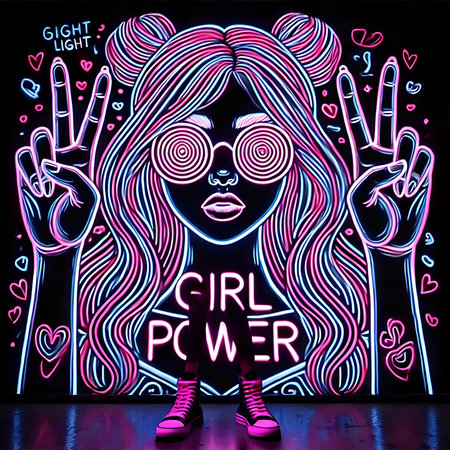 Glamor girl with pink hair, neon sign and text Girl Powerの素材