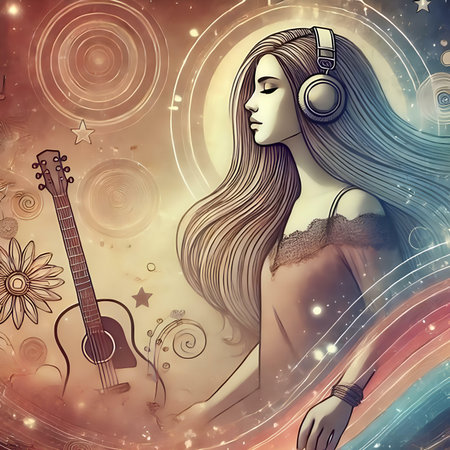 Illustration of a beautiful girl listening to music with headphones and a guitarの素材
