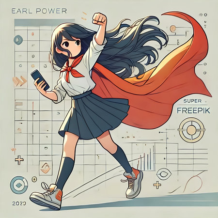 Vector illustration of a girl in a superhero costume with a smartphone.の素材