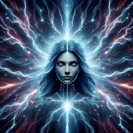 3D illustration of a beautiful woman with long hair and lightning in the backgroundの素材