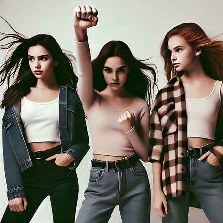 Three beautiful young women posing in fashionable clothes. Fashion, beauty.の素材