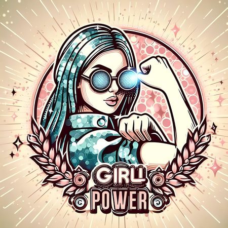Crazy girl with sunglasses. Vector hand drawn illustration in vintage style.の素材