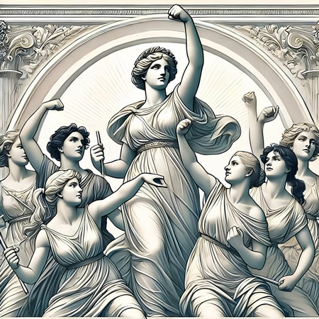 Ancient Greek goddesses in the framework of the arch. Illustrationの素材