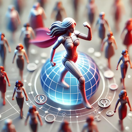 3d rendering of a woman running with a globe in the backgroundの素材